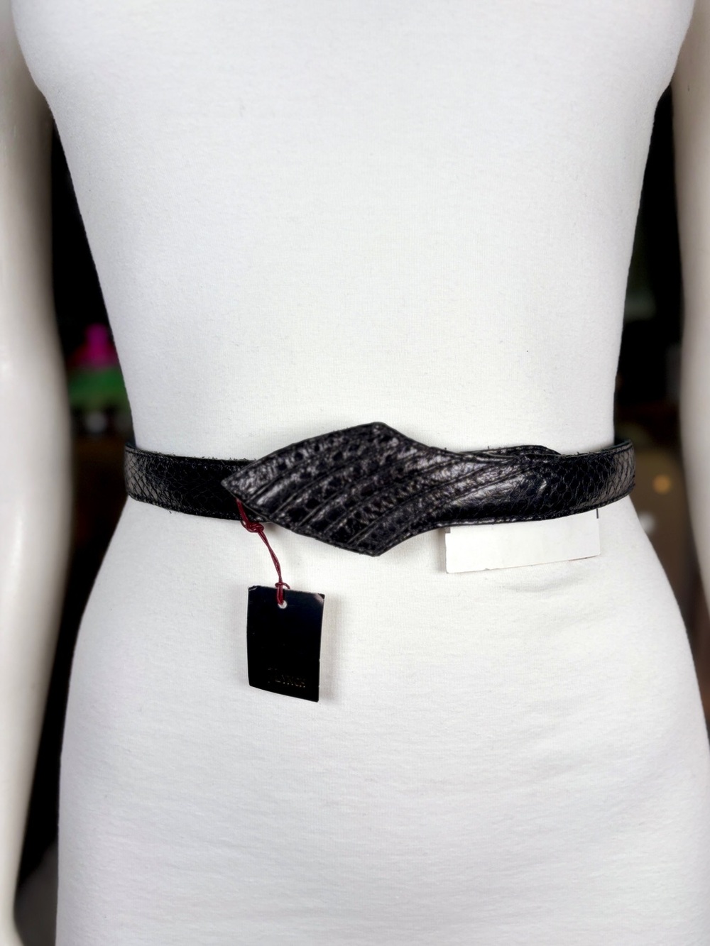 JLynch Black Snakeskin “Lenny” Skinny Watersnake Cinch Belt, Szs S & M